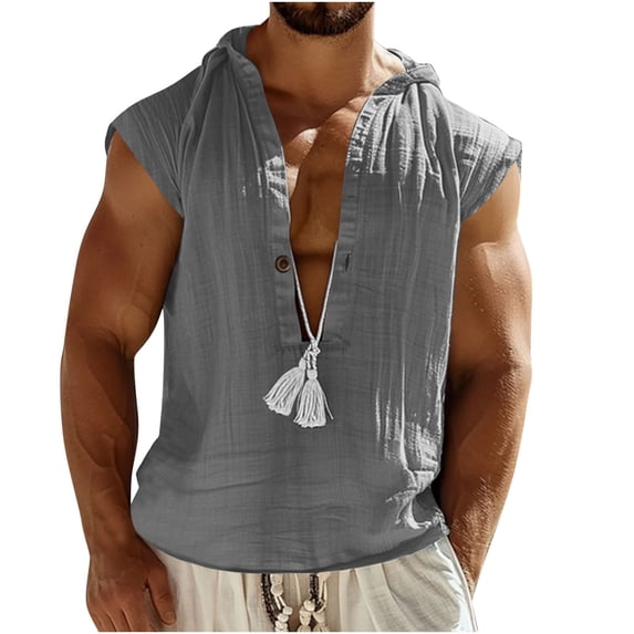 Wyobmus Mens Sleeveless Linen Tank Top Summer Causal Button V Neck Workout Hoodies Lightweight Muscle Tank Shirts With Hooded Gray