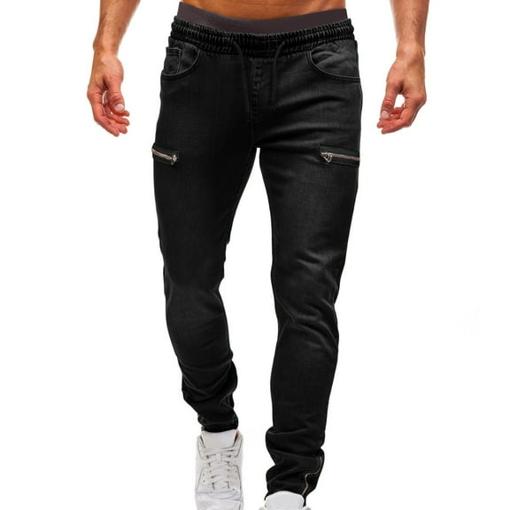Wyobmus Mens Slim Fit Jeans Solid Color Drawstring Waist Zipper Casual Denim Pants M-4XL Black