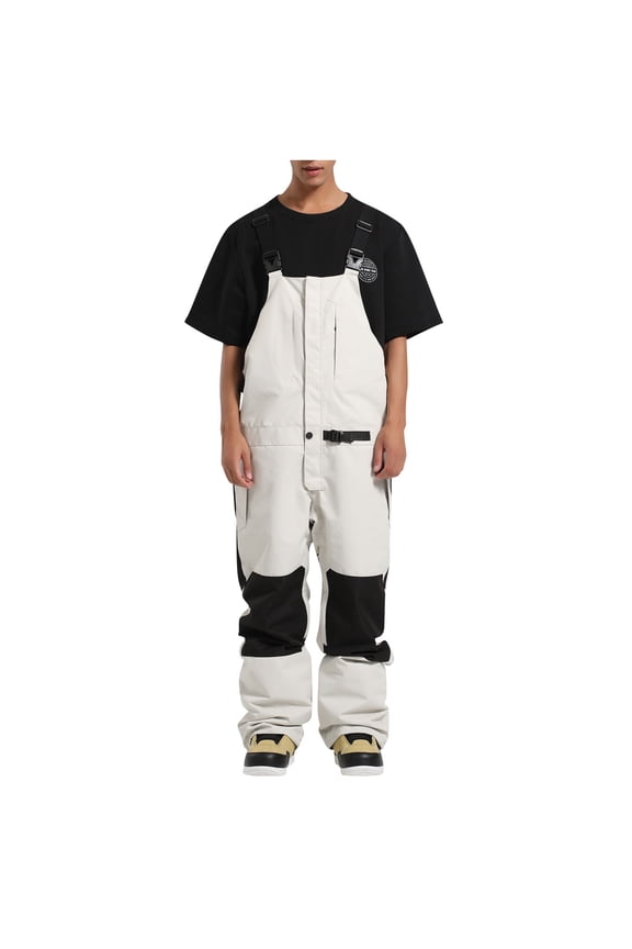 Mens Snow Bibs Ski Pants Softshell Thick Fleece Waterproof Insulated Ripstop Snowboarding Overalls Winter B-Beige