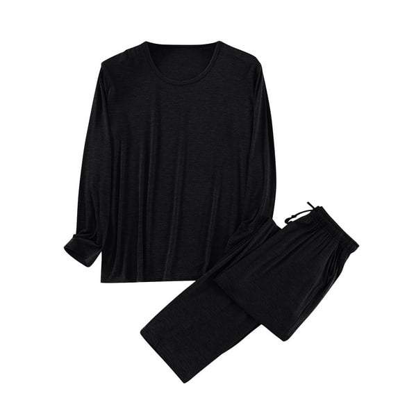 Wyobmus Mens Soft Pajama Set Solid Color Sleepwear Pjs Lightweight Long Sleeve Crewneck Shirt And Full Length Bottoms Size L-4XL D-Black