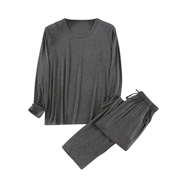 Wyobmus Mens Soft Pajama Set Solid Color Sleepwear Pjs Lightweight Long Sleeve Crewneck Shirt And Full Length Bottoms Size L-4XL D-Dark Gray