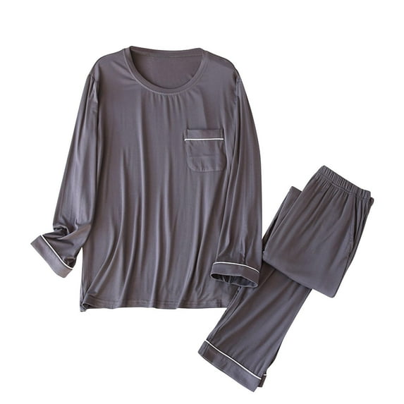 Wyobmus Mens Soft Pajama Set Solid Color Sleepwear Pjs Lightweight Long Sleeve Crewneck Shirt And Full Length Bottoms Size M-2XL F-Dark Gray