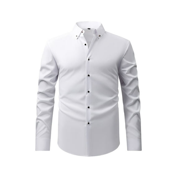 Wyobmus Mens Solid Oxford Shirt Vintage Lapeled Long Sleeve Dress Shirt Work Casual Button Down Shirts With Pocket A-White