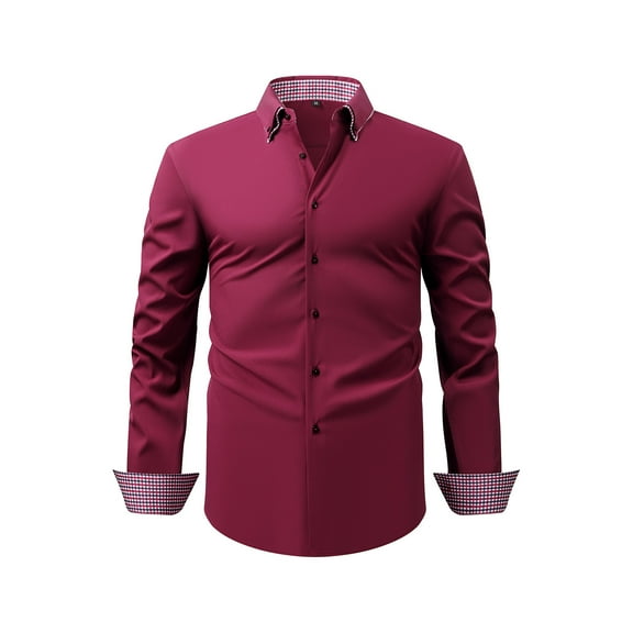 Wyobmus Mens Solid Oxford Shirt Vintage Lapeled Long Sleeve Dress Shirt Work Casual Button Down Shirts With Pocket B-Burgundy