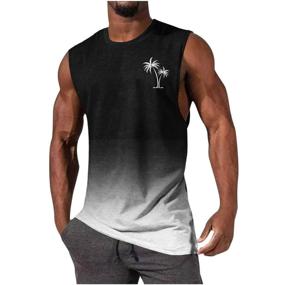 Wyobmus Mens Summer Beach Tank Top Hawaiian Palm Tree Print Gradient Sleeveless Muscle Basic Tee Vacation Tops White