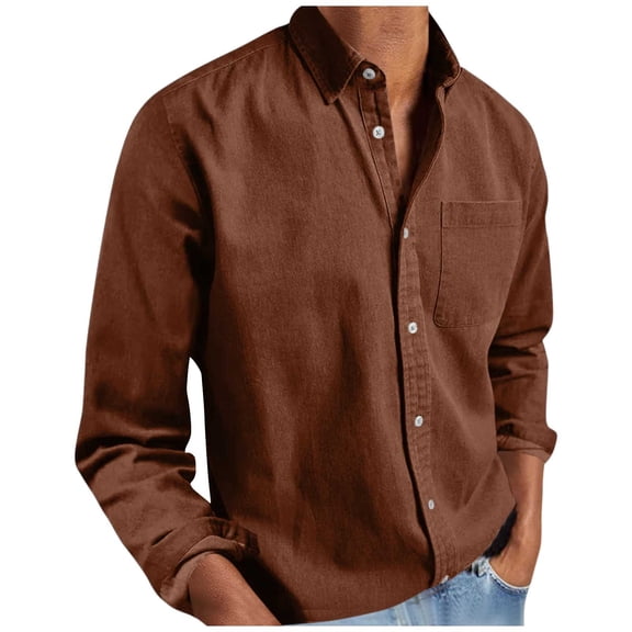 Wyobmus Mens Summer Lightweight Loose Shirts Casual Solid Long Sleeve Pockets Turndown Collar Buttons Down Shirt (Up to 4XL) B-Brown