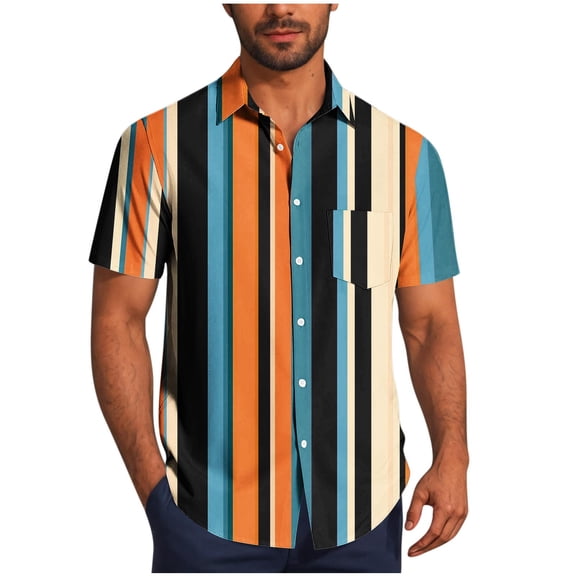 Wyobmus Mens Summer Striped Shirts Front Button Down Short Sleeve Casual Beach Hawaiian Shirts with Pocket S-5X C-Multicolor