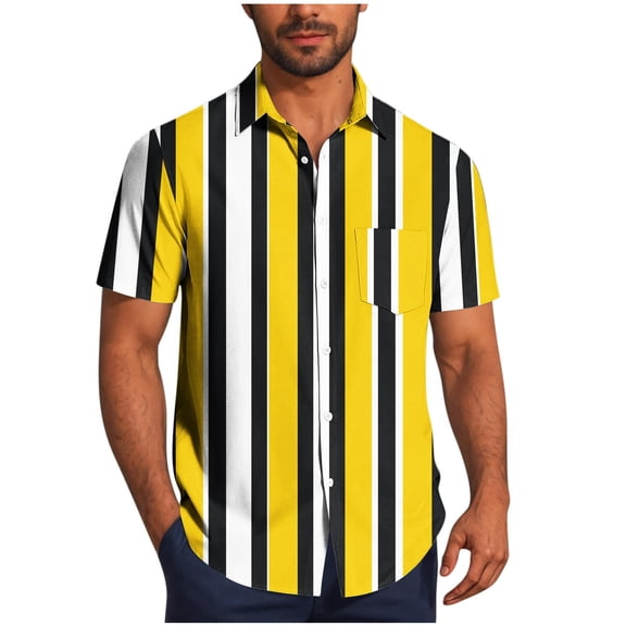 Wyobmus Mens Summer Striped Shirts Front Button Down Short Sleeve Casual Beach Hawaiian Shirts with Pocket S-5X E-Yellow