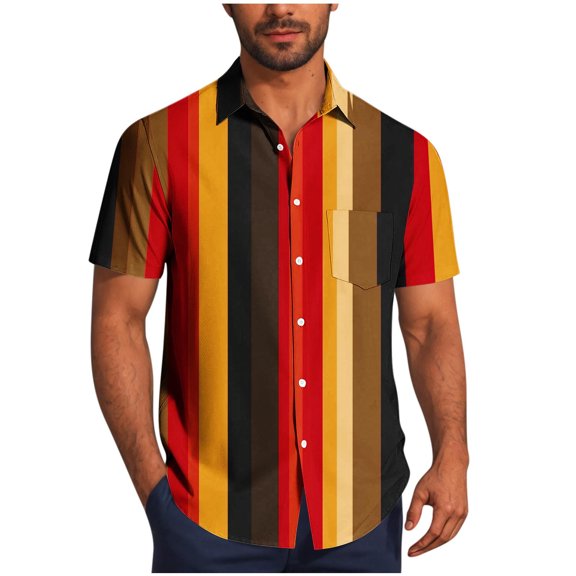 Wyobmus Mens Summer Striped Shirts Front Button Down Short Sleeve Casual Beach Hawaiian Shirts with Pocket S-5X H-Red
