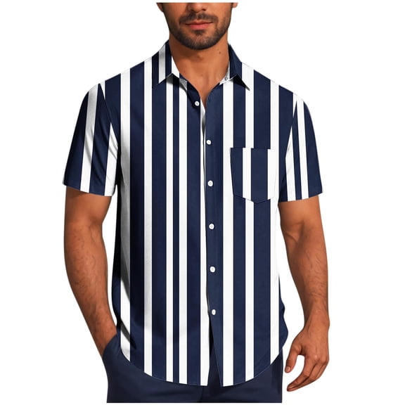 Wyobmus Mens Summer Striped Shirts Front Button Down Short Sleeve Casual Beach Hawaiian Shirts with Pocket S-5X K-Dark Blue