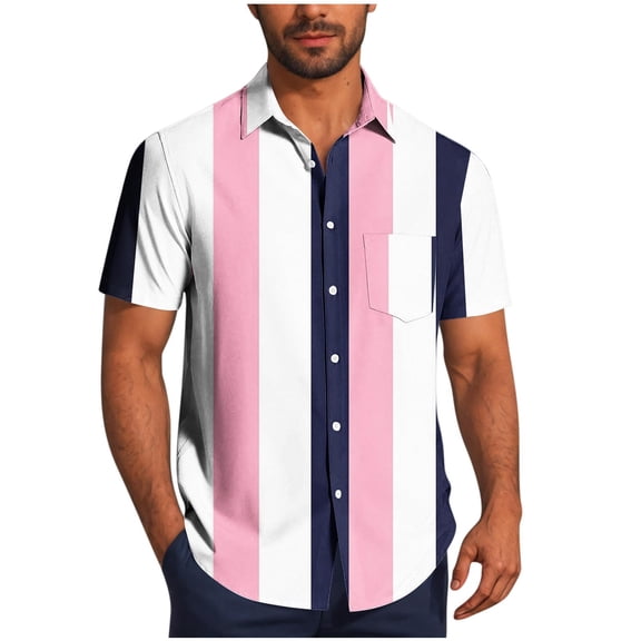 Wyobmus Mens Summer Striped Shirts Front Button Down Short Sleeve Casual Beach Hawaiian Shirts with Pocket S-5X R-Pink