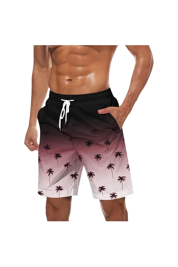 Mens Swim Trunks Quick Dry Elastic Waist Board Shorts With Drawstring Coconut Tree Printed Breathable Surf Beach Shorts E-Burgundy