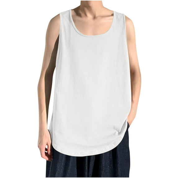 Wyobmus Mens Tank Top Quick Dry Solid Color Sleeveless Muscle Gym Shirt Fitness Sports Round Neck Tanks White