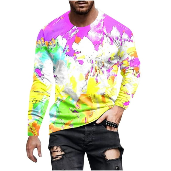 Wyobmus Mens Tie-Dye Pullover Graffiti Printed Long Sleeve Tshirt Casual Round Neck Tee Tops C-Multicolor