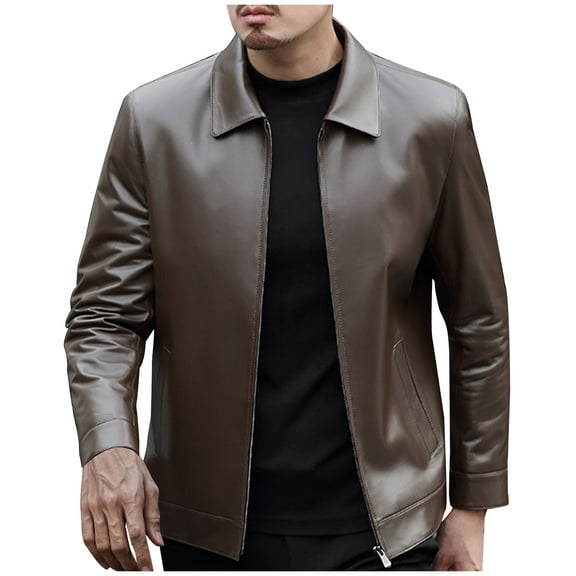 Wyobmus Mens Turndown Collar Faux Leather Jacket Full Zip Motorcycle Lightweight Jacket Windproof Waterproof Bomber Casual Outwear A-Brown