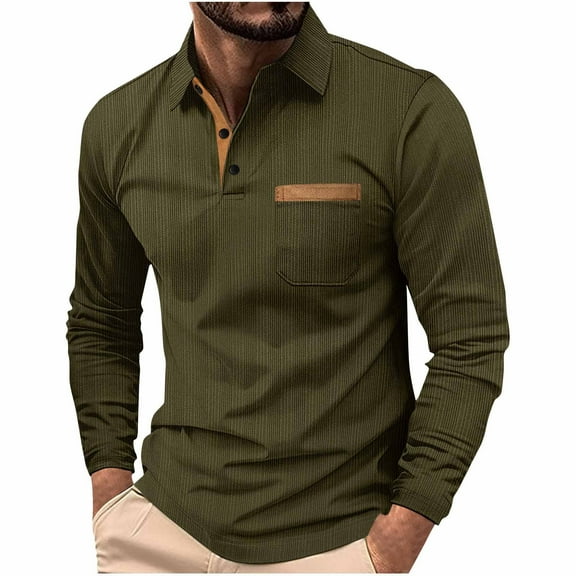 Wyobmus Mens Turndown Collar Shirt Classic Long Sleeve Basic Button T-Shirt Lightweight Casual Lapeled Tops With Pocket A-Olive Green