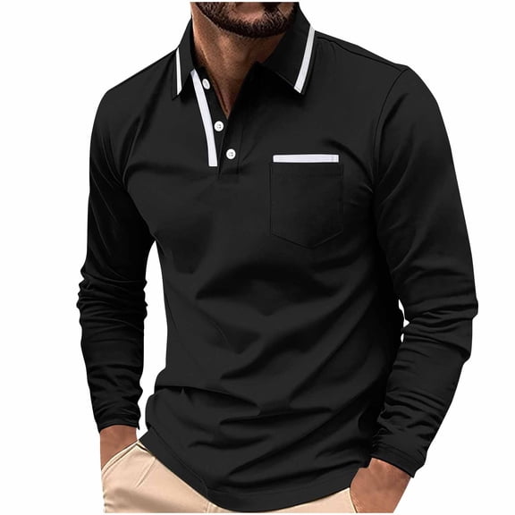 Wyobmus Mens Turndown Collar Shirt Classic Long Sleeve Basic Button T-Shirt Lightweight Casual Lapeled Tops With Pocket B-Black