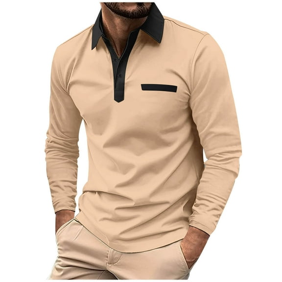 Wyobmus Mens Turndown Collar Shirt Classic Long Sleeve Basic Button T-Shirt Lightweight Casual Lapeled Tops With Pocket C-Khaki