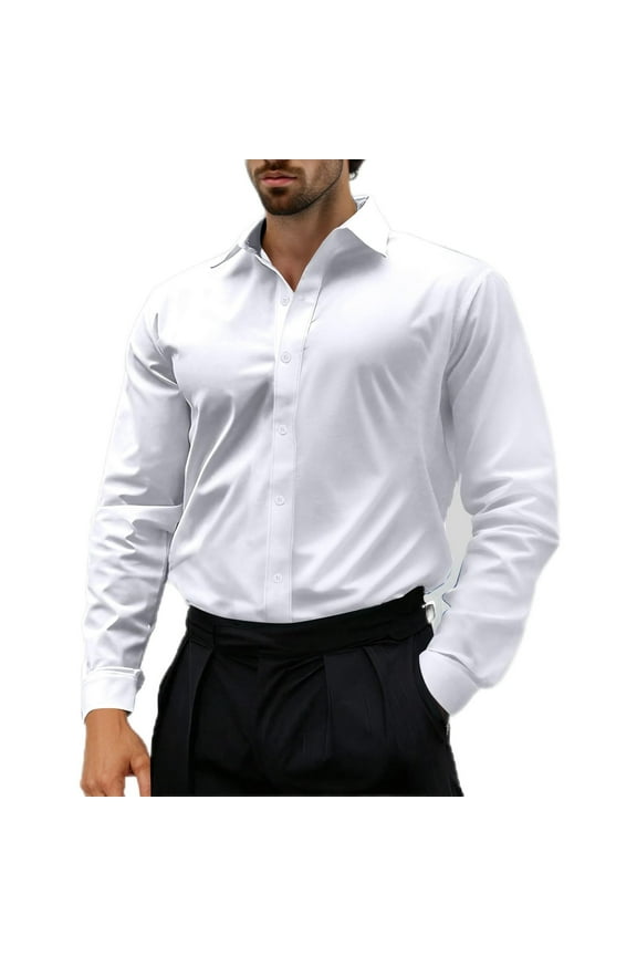 Mens Twill Dress Shirts Solid Long Sleeve Stretch Wrinkle-Free formal Shirt Business Casual Front Button Shirts White