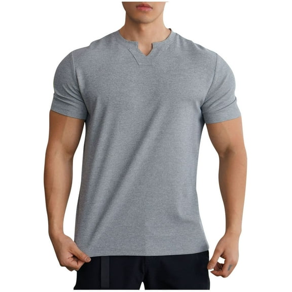 Wyobmus Mens V Neck Muscle Shirts Casual Short Sleeve Gym Workout T Shirt Fashion Solid Tee Top Active Bodybuilding Shirts M-3X A-Gray