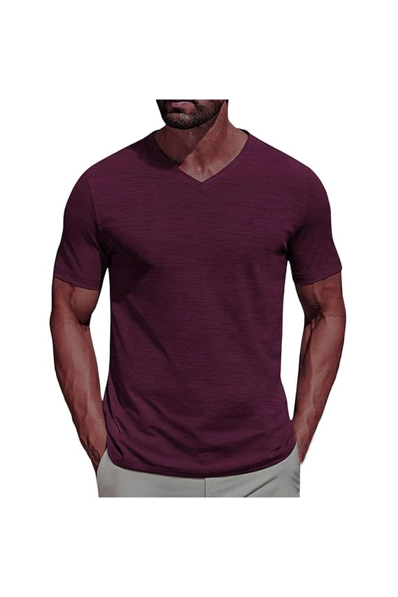 Mens V Neck T Shirt Casual Plain Color Stretch Short Sleeve Pullover Shirt Summer Basic Tee Tops S-2X Purple