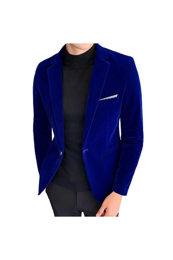 Mens Velvet Blazer Slim Fit Long Sleeve Suit Jacket Notch Collar One Button Tuxedo Blazer for Wedding Prom Dinner A-Blue