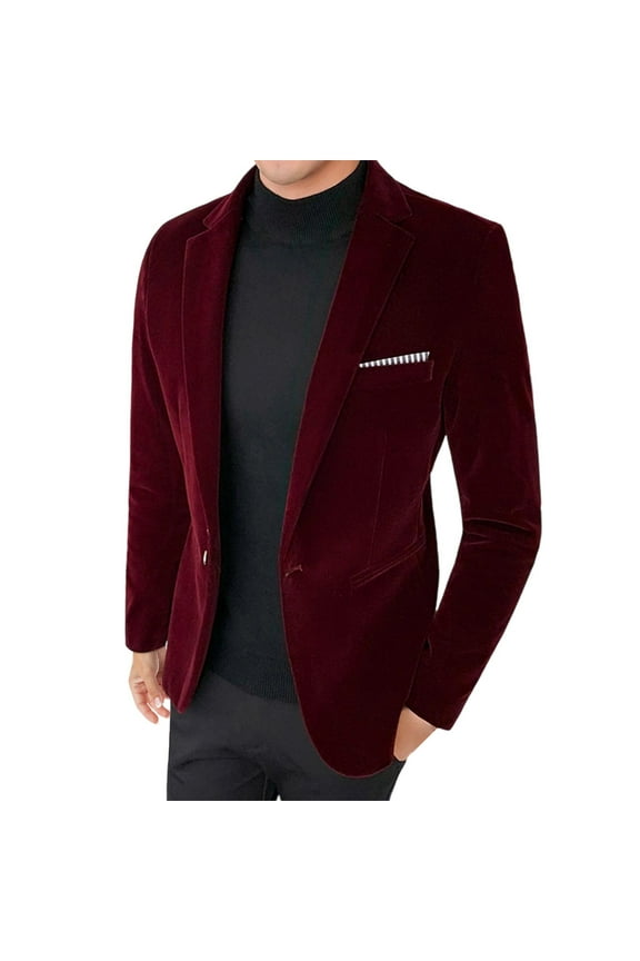 Mens Velvet Blazer Slim Fit Long Sleeve Suit Jacket Notch Collar One Button Tuxedo Blazer for Wedding Prom Dinner A-Burgundy