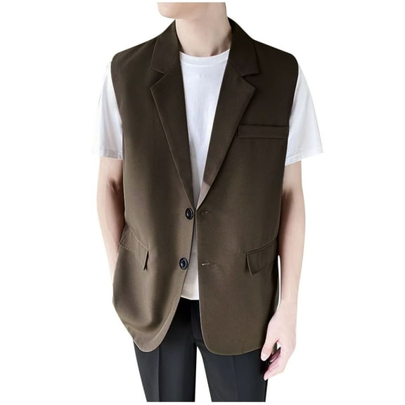 Wyobmus Mens Vests Outerwear Classic Single Breasted Sleeveless Suit Vest Casual Waistcoat Solid 2 Button Business Blazer Vest With 2 Pockets A-Coffee