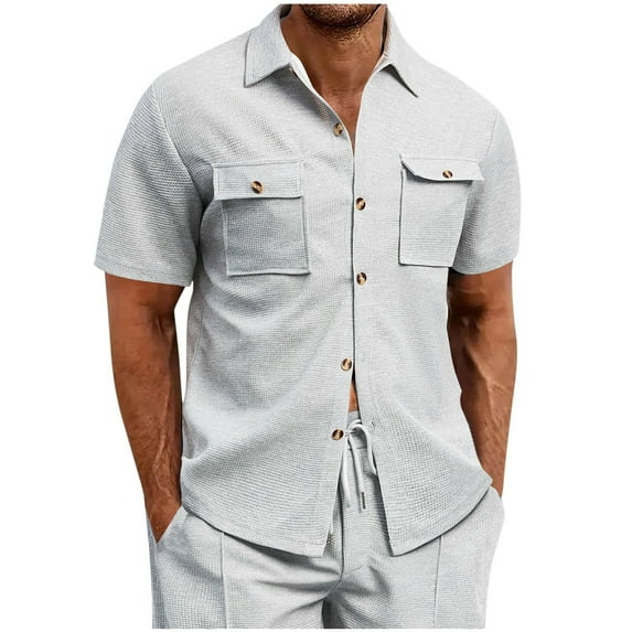 Wyobmus Mens Waffle Knit T Shirts Solid Color Casual Short Sleeve T-Shirt Button Down Outdoor Fishing Shirt With 2 Pockets Gray