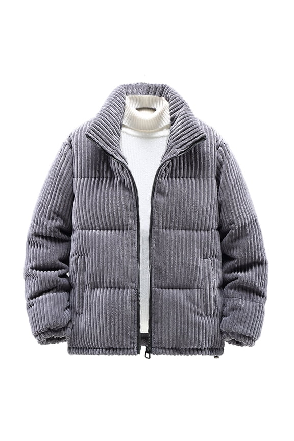 Mens Warm Thicken Corduroy Padded Coat Casual Long Sleeve Quilted Jackets Stand Collar Outwear Jacket Gray