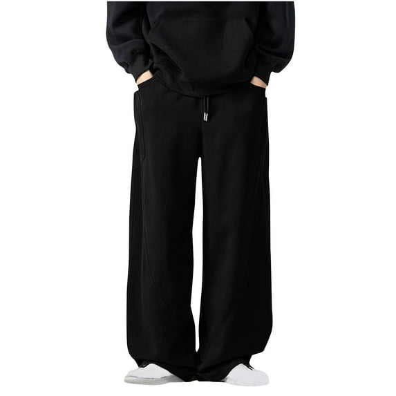 Wyobmus Mens Wide Leg Pants Solid Color Casual Sports Pants Loose Baggy Workwear Pants A-Black