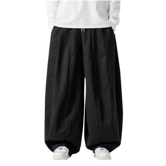 Wyobmus Mens Wide Leg Pants Solid Color Casual Sports Pants Loose Baggy Workwear Pants A-Black