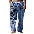 thumbnail image 1 of Wyobmus Mens Wide Leg Pants Summer Beach Pants Loose Fit Elastic Waist Drawstring Vintage Print Pants Blue, 1 of 4