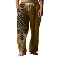 thumbnail image 1 of Wyobmus Mens Wide Leg Pants Summer Beach Pants Loose Fit Elastic Waist Drawstring Vintage Print Pants Brown, 1 of 5