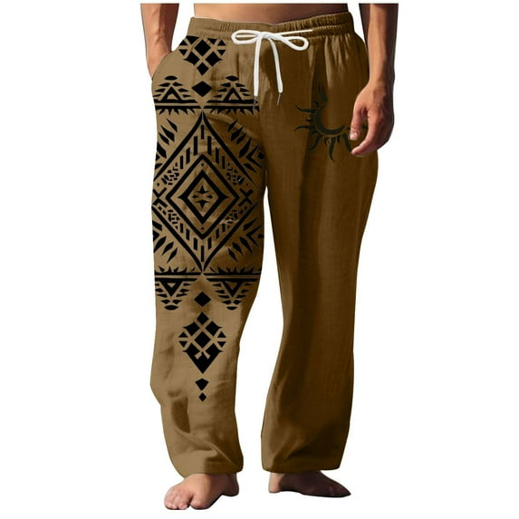Wyobmus Mens Wide Leg Pants Summer Beach Pants Loose Fit Elastic Waist Drawstring Vintage Print Pants Brown