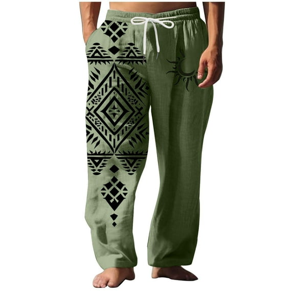Wyobmus Mens Wide Leg Pants Summer Beach Pants Loose Fit Elastic Waist Drawstring Vintage Print Pants Green