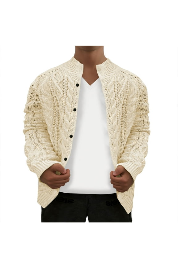 Mens Winter Plus Size Warm Sweaters Fashion Solid Fleece Knitted Sweater Button Down Long Sleeve Cardigan Overcoat M-4Xl Beige