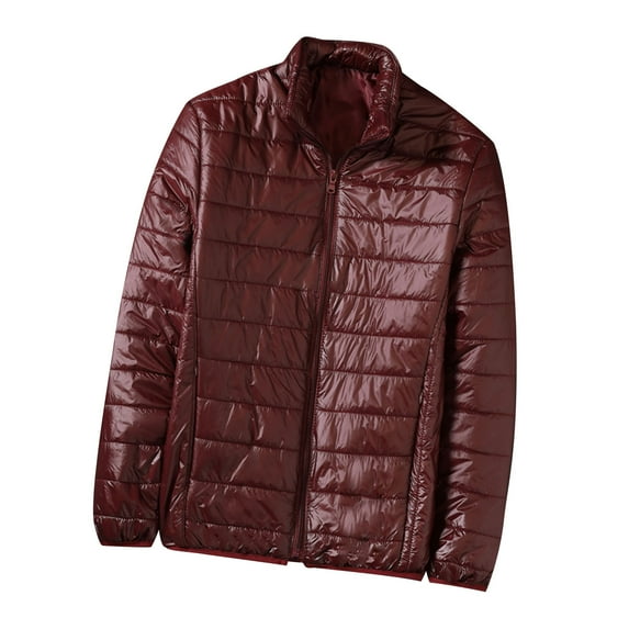 Wyobmus Mens Winter Warm Padded Jacket Solid Color Zipper Down Fleece Lined Jacket Zipper Cardigan Pocket Long Sleeve Cotton Jacket Burgundy