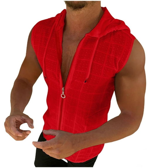 Wyobmus Mens Workout Hooded Tank Tops Zip Up Sleeveless Gym Sport Clothes Bodybuilding Hoodies Muscle Cut Off T Shirt Red