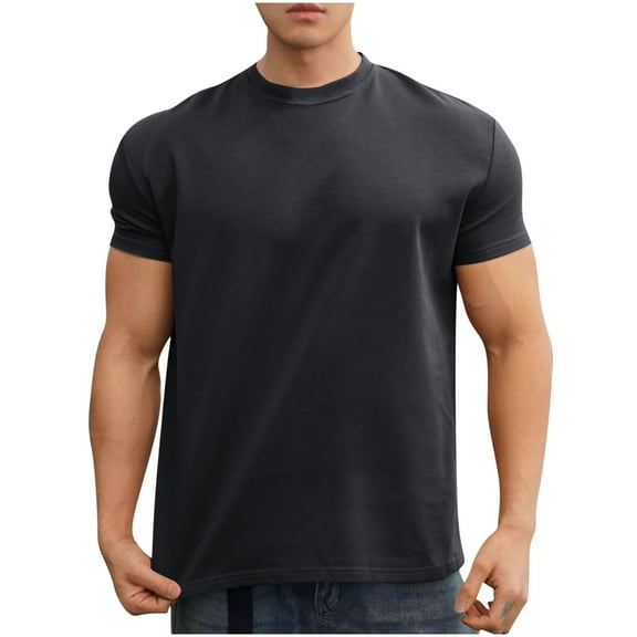 Wyobmus Mens Workout Shirts Summer Casual Short Sleeved Solid Color Crew Neck Tees Quick Dry Gym Bodybuilding Blouses Shirts M-3X C-Black