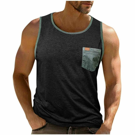 Wyobmus Mens Workout Tank Tops Summer Sleeveless Round Neck Gym Sport Tees Color Blocked Bodybuilding Muscle Shirt B-Black