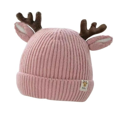 Wyobmus Newborn Baby Hats Winter Warm Knitted Beanie Cap Cute Christmas Antler Beanie Ski Skull Cap Pink*