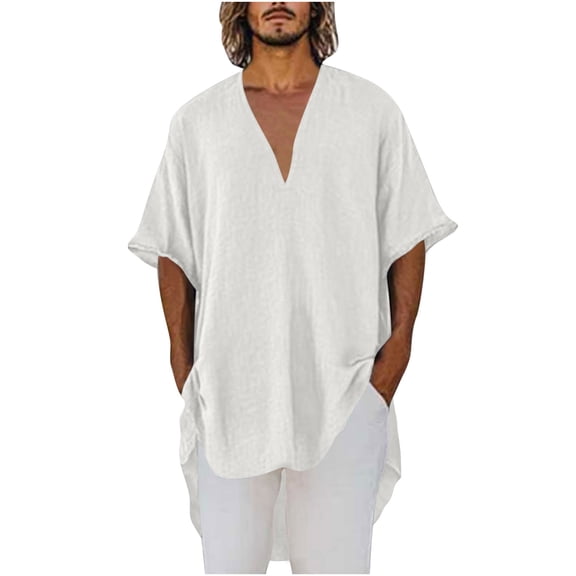 Wyobmus Oversized Linen Shirt for Men Cotton Sleeveless V Neck Tshirt Tops Summer Beach Basic High Low Blouse Tops White
