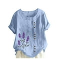 thumbnail image 1 of Wyobmus Oversized Round Neck Linen Tops for Women Printed Short Sleeve Cotton Blend Tee Shirts A-Light Blue, 1 of 4