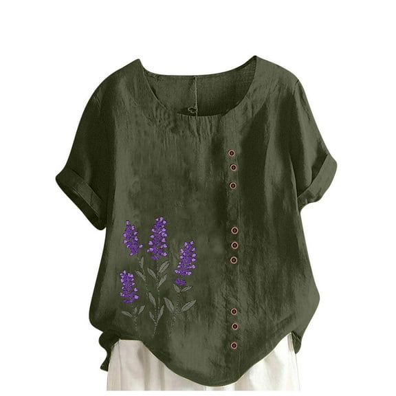 Wyobmus Oversized Round Neck Linen Tops for Women Printed Short Sleeve Cotton Blend Tee Shirts A-Olive Green