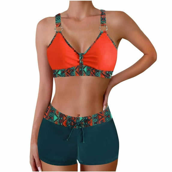 Wyobmus Plus Size Bikini Sets for Women V-Neck Floral Print Spaghetti Stras Tankini Tops Solid Color Drawstring Shorts Swimsuits Orange