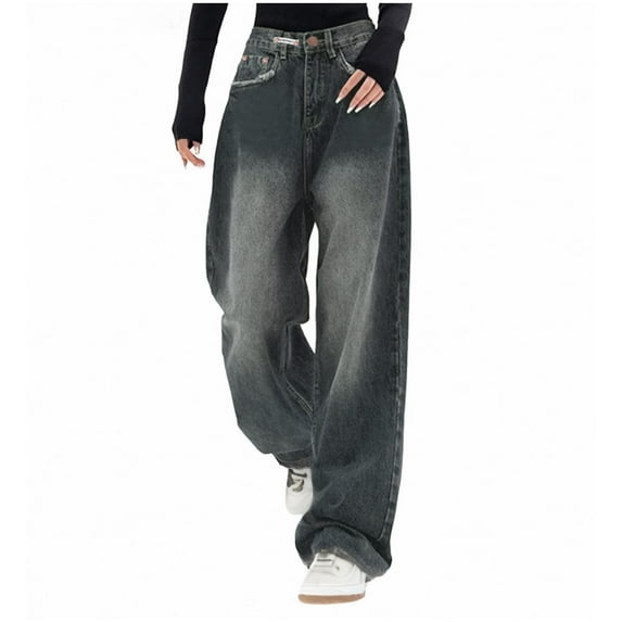 Wyobmus Plus Size Jeans for Women Wide Leg Baggy Y2K Jeans High Waist Distressed Denim Pants Loose Vintage Streetwear Jeans S-5X Blue