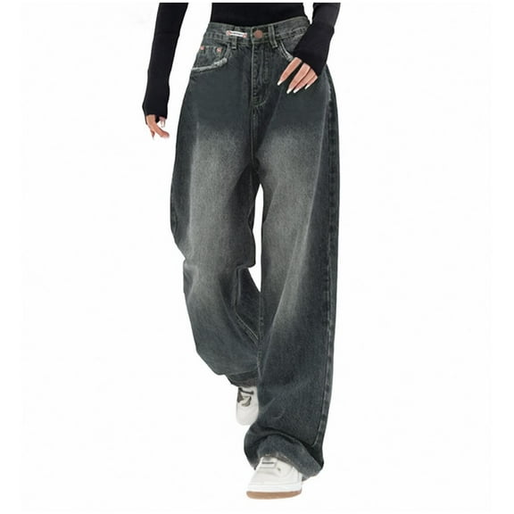 Wyobmus Plus Size Jeans for Women Wide Leg Baggy Y2K Jeans High Waist Distressed Denim Pants Loose Vintage Streetwear Jeans S-5X Blue