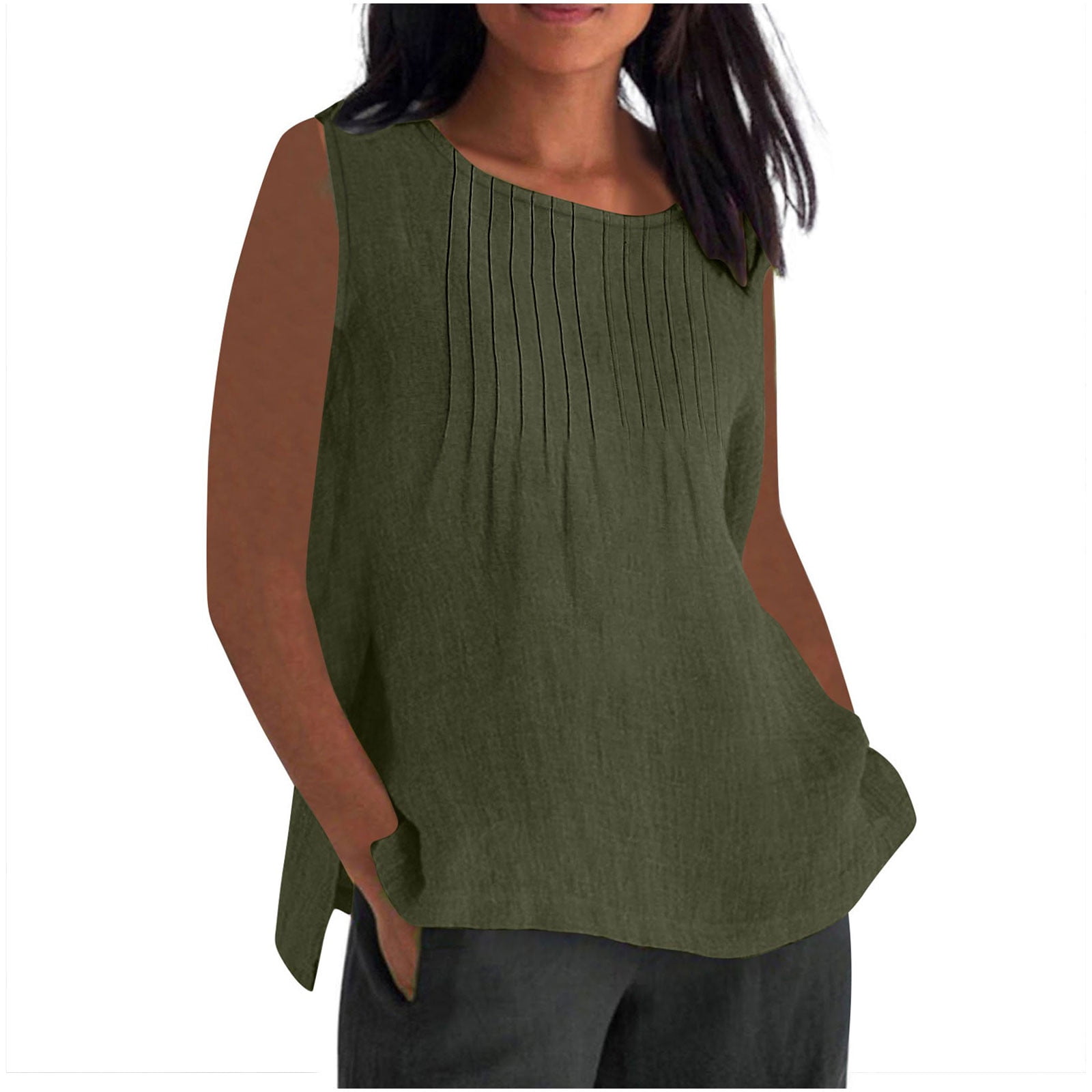 Wyobmus Plus Size Linen Tank Tops for Women Sleeveless Crewneck Pleated ...