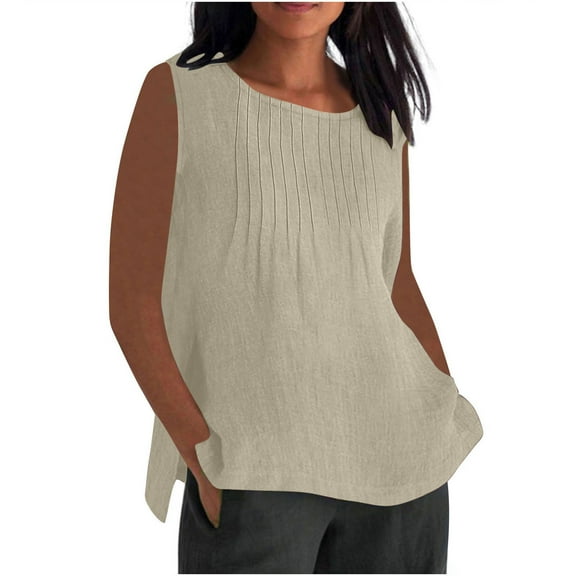 Wyobmus Plus Size Linen Tank Tops for Women Sleeveless Crewneck Pleated T-Shirt Summer Lightweight Casual Work Blouse Clothes Loose Fit S-5X B-Beige
